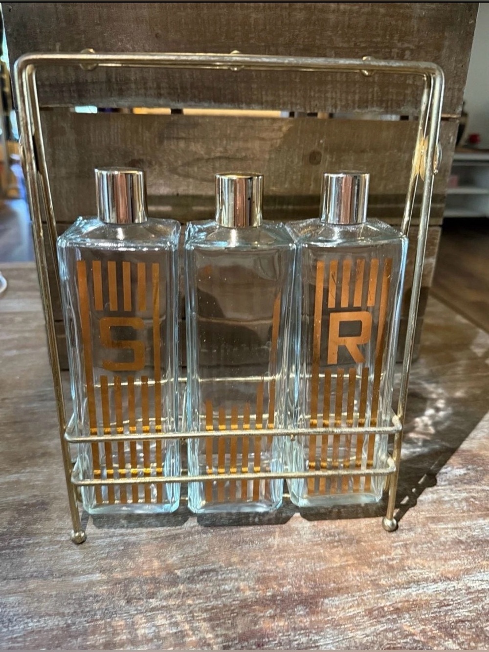 Vintage Mid Century 3-Bottle Decanter Set with Gold Lettering S, B, R in Caddy